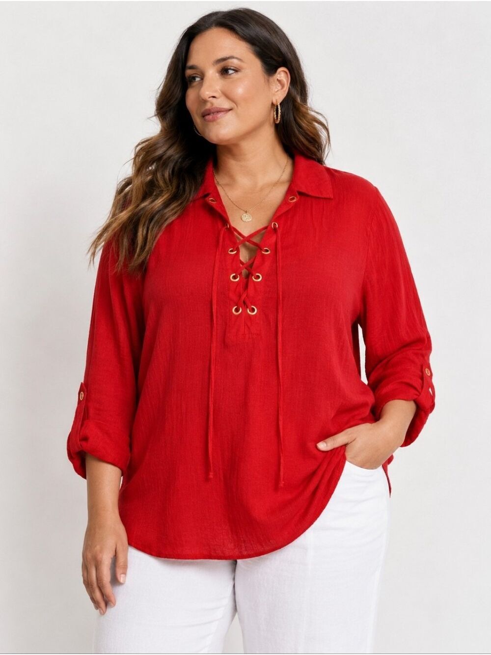 California Grown Red Lace-Up Blouse Plus Size 2X Boho Lightweight Top